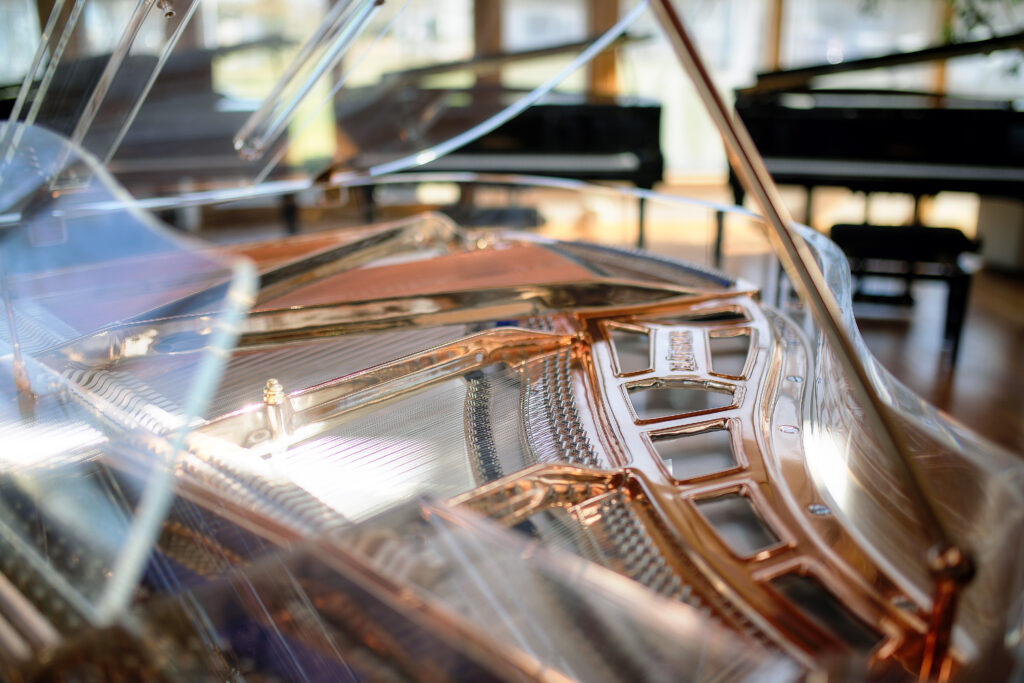 Visible strings and internal structure of a transparent Crystal grand piano