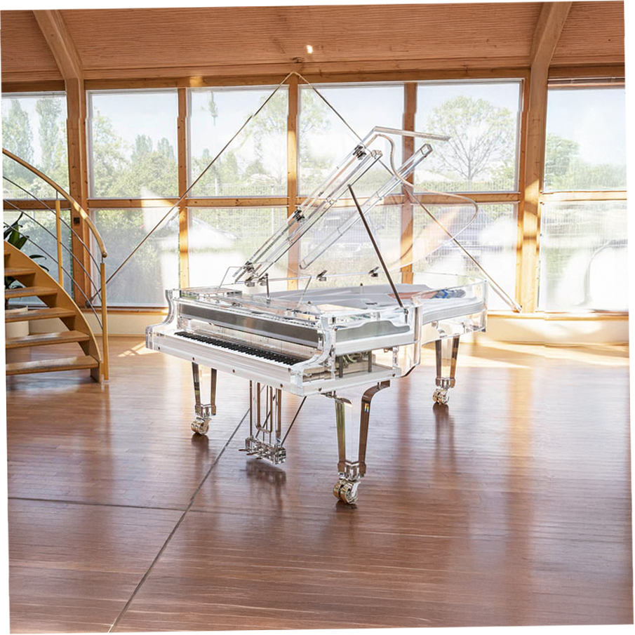 Blüthner Crystal grand piano with open lid showing acoustic piano craftsmanship